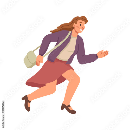 Female character with bag running for final sale in shop, store or mall. Isolated flat cartoon personage hurrying up for discounts and special proposals for clients, vector illustration