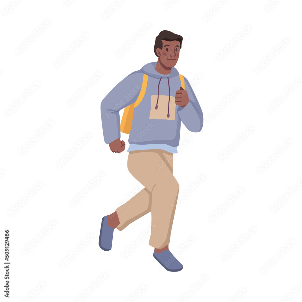 Male personage with bag on shoulders running fast, quick movement and being late for meeting or work. Student teenager trying to meet deadline. Flat cartoon character, vector illustration