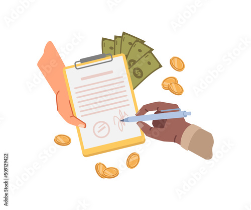 Signing bank documents and getting credit, paying with money cash. Business documentation or agreement. Consumerism or shopping, investment or startup. Vector in flat style illustration