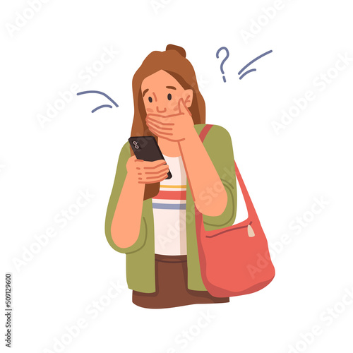 Frustrated and shocked woman reading bad news in smartphone holding cell in hands. Stress and problems, troubles and crisis situation or breakup. Flat cartoon character, vector illustration