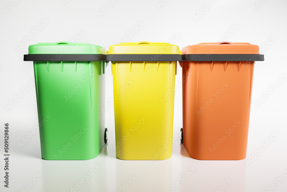 Garbage bins on isolated white background, 3d render illustration. Sorting trash or litter, recycling concept, clean and neat copy space background, vivid colors Garbage bins on isolated white background, 3d render illustration. Sorting trash or litter, recycling concept, clean and neat copy space background, vivid colors