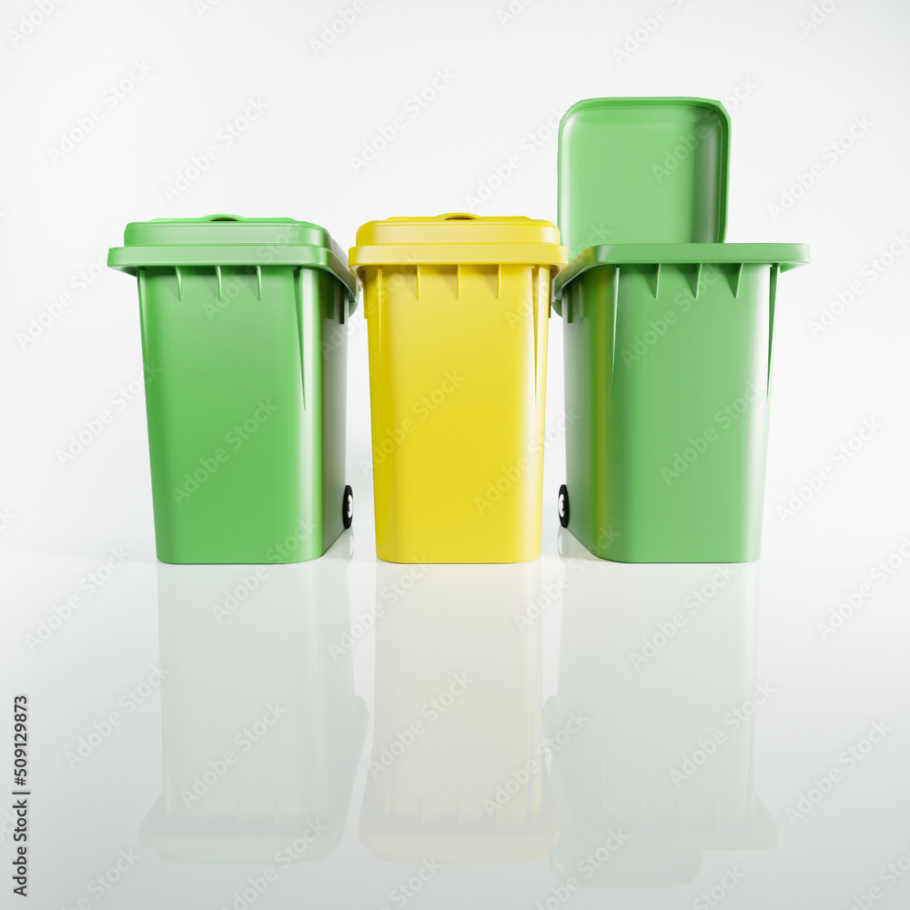 Garbage bins with open lid on isolated white background, 3d render illustration. Sorting trash or litter, recycling concept, clean and neat copy space background, vivid colors Garbage bins with open lid on isolated white background, 3d render illustration. Sorting trash or litter, recycling concept, clean and neat copy space background, vivid colors
