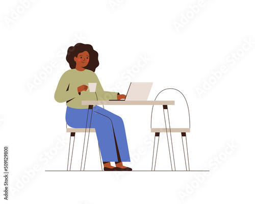 Pregnant businesswoman works from office or home. Young mother freelancer drinks coffee and uses laptop for planning or online meeting. Professional occupation during maternity. Vector illustration