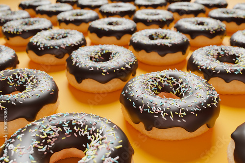 Murais de parede Chocolate donuts on vibrant orange background, close-up, 3d rendered pattern