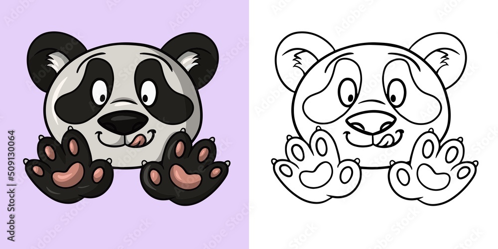 Obraz premium Horizontal set of illustrations for coloring books, Cute little panda smiles,, vector illustration
