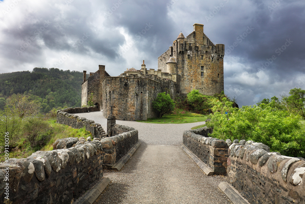 Overcast view of the Eilean Donan Castle at Highland, Scotland