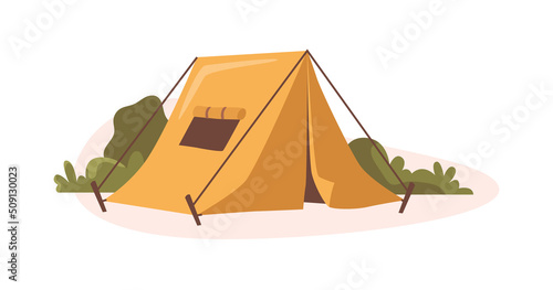 Camping and traveling, summer vacation and relax outdoors. Leisure and rest in nature. Campsite with tent for relaxing. Recreation and entertainment in mountains. Vector in flat style