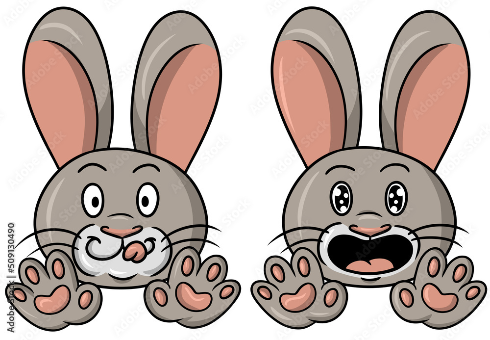 Two cute rabbits in cartoon style stretch their paws and rejoice, cute rabbit ears, rabbits smile and rejoice