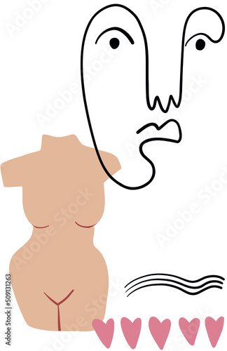 Hand drawn abstract vector illustration of woman body sculpture, one line art face, black waves, pink hearts and other graphic elements