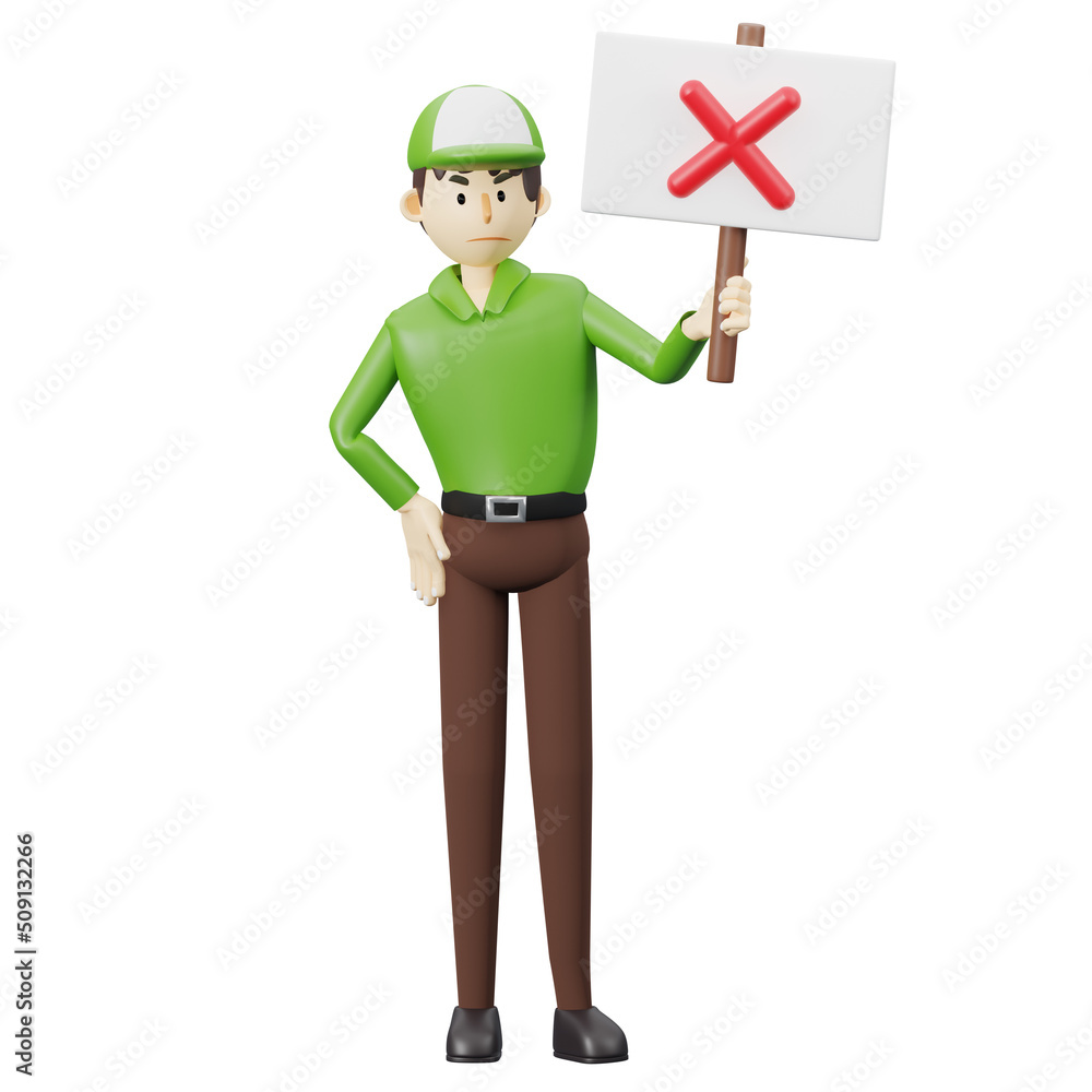 Delivery service concept.delivery man holding NO, X sign.3d rendering cartoon illustration.