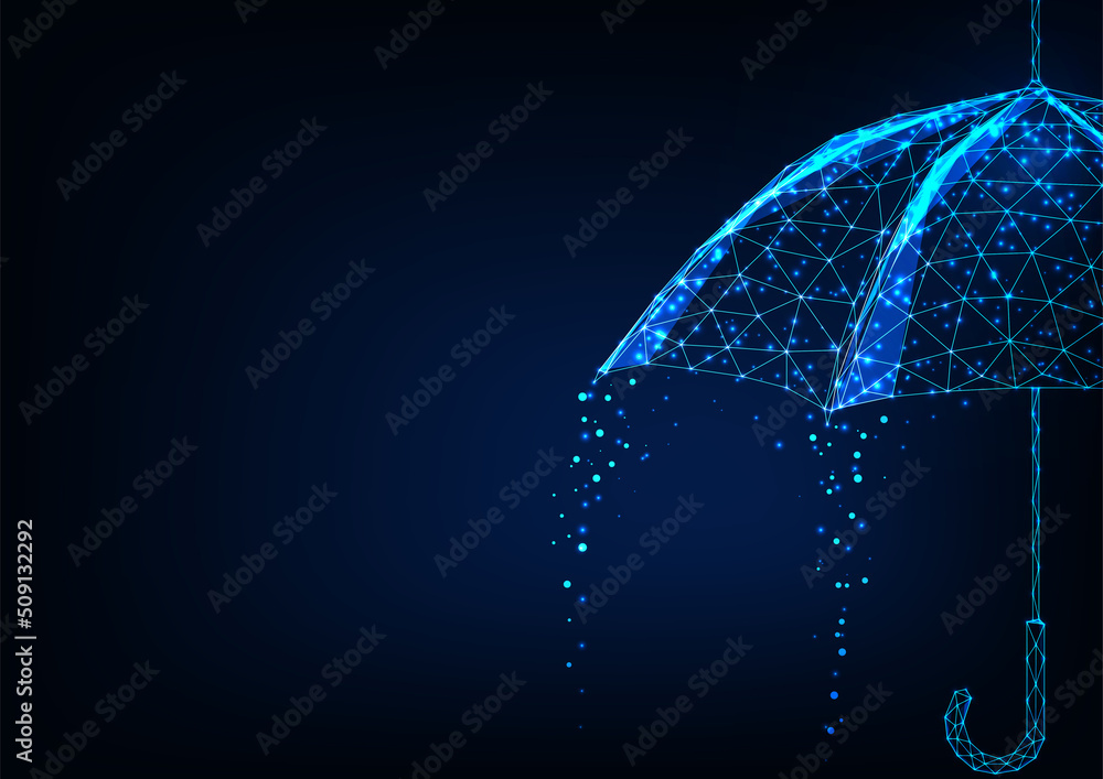 Futuristic umbrella with rain concept banner and copy space in glowing low poly style on blue - obrazy, fototapety, plakaty 