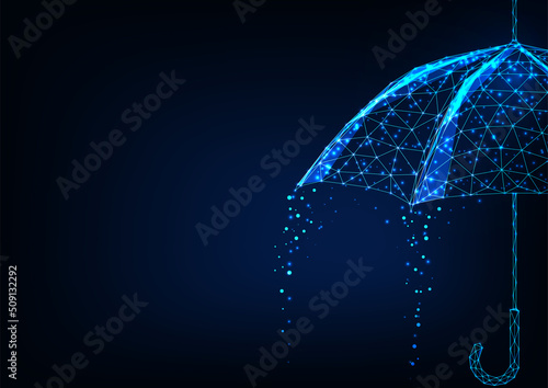 Futuristic umbrella with rain concept banner and copy space in glowing low poly style on blue