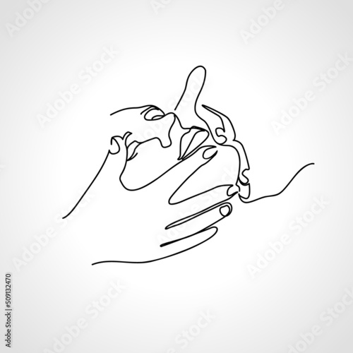 Woman face massage. Drawn with one continuous line. Monoline. Side view.