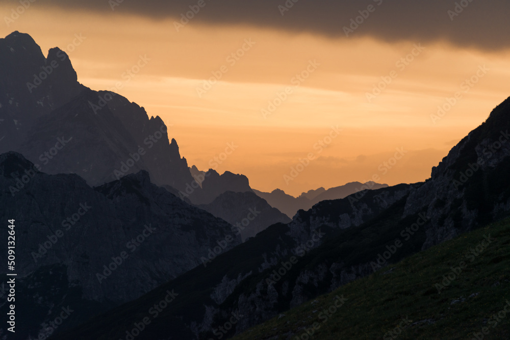 Naklejka premium Sunset views at Mangart saddle