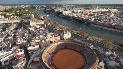 Flighting over the Seville city center at sunset, Andalusia, Spain