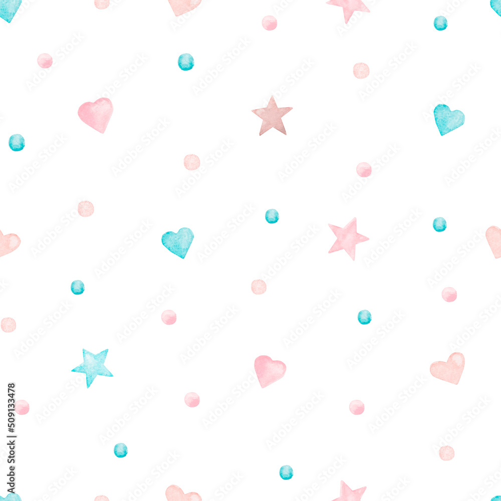 Seamless pattern in children's boho style. Watercolor cute stars. hearts and dots. Design for wallpaper, fabric, textile, print, packaging, baby room and newborn.