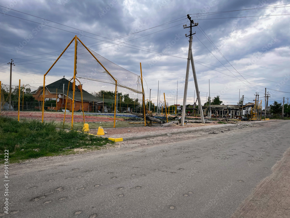 Destroyed buildings in Kyiv region after russian army attack. War in Ukraine. Kyiv region, Ukraine, May 2022 Destroyed buildings in Kyiv region after russian army attack. War in Ukraine. Kyiv region, Ukraine, May 2022