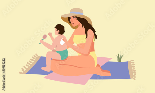 Mother applies sunscreen to the baby s skin. Kid Sun cream. Sun protection for kid skin. Summer vacation.