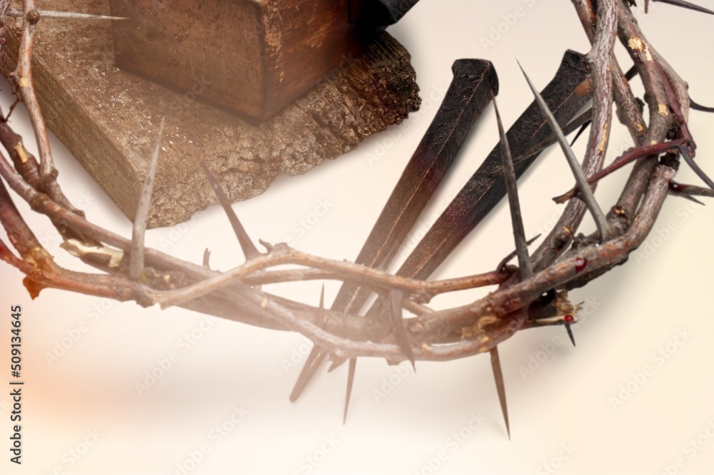 Crown of thorns symbolizing the sacrifice, suffering and resurrection of Jesus Christ and Easter light background Crown of thorns symbolizing the sacrifice, suffering and resurrection of Jesus Christ and Easter light background