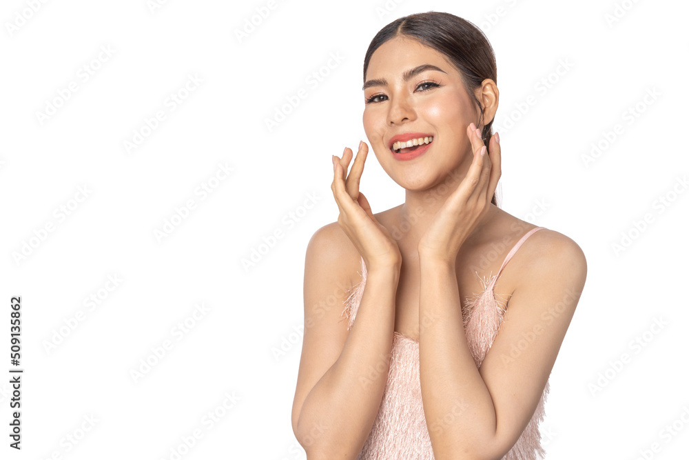 Beautiful smiling of young beauty pretty asian woman clean fresh healthy white skin facial treatment.asian girl model with fashion makeup skin care look at camara.spa and beauty concept Beautiful smiling of young beauty pretty asian woman clean fresh healthy white skin facial treatment.asian girl model with fashion makeup skin care look at camara.spa and beauty concept