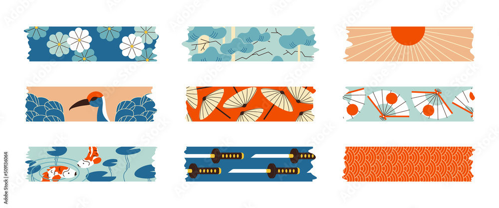 Washi tape set Japanese design elements. Collection of strips of scotch  tape with a pattern of koi fish, lotus, umbrella, katana and fan. Pieces of  sticky paper for frames, scrapbooking, stickers. Stock