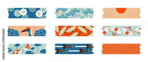Washi tape set Japanese design elements. Collection of strips of scotch tape with a pattern of koi fish, lotus, umbrella, katana and fan. Pieces of sticky paper for frames, scrapbooking, stickers.