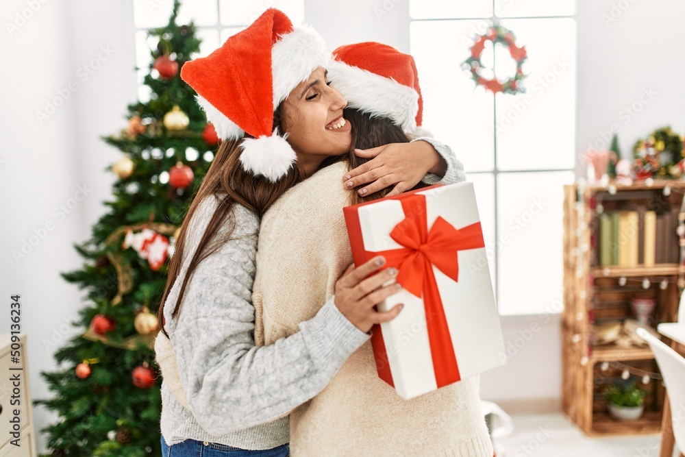 Two women holding gift hugging each other standing by christmas tree at home Two women holding gift hugging each other standing by christmas tree at home
