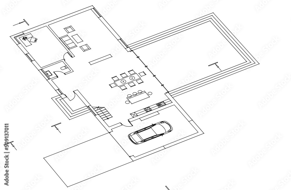 Modern house architectural drawing 3d illustration