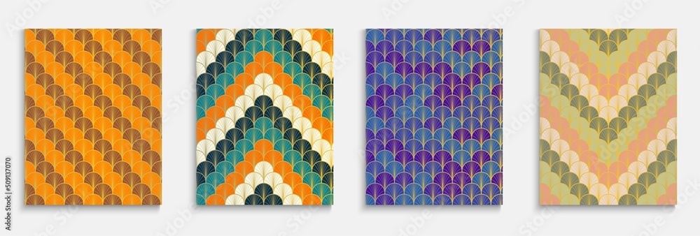 Asian Gold Fan Simple Cover Set. Premium Geometric Print. Trendy Dynamic Noble Textile Backgroud. Japanese Retro Template Set. Kimono Stripes Folder. Bright Color Ethnic A4 Pattern.