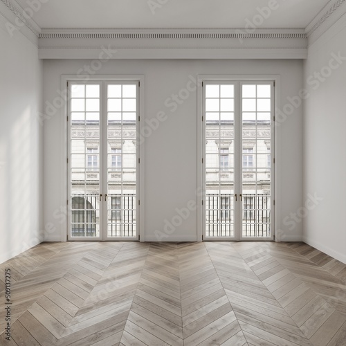 White  empty room in classical style interior mockup 3d render with large windows and view to classic building