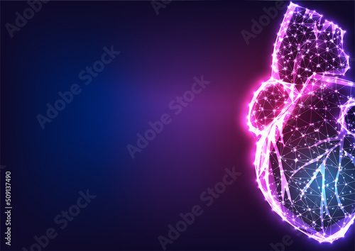 Futuristic holographic heart concept in glowing low polygonal style isolated on purple background. 