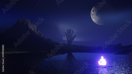 Human meditating on a mountain lake on a moonlit night, abstract background. 3D render, seamless loop. photo