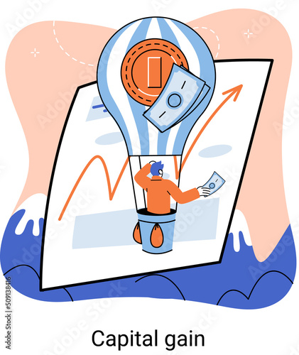 Increasing profit, investing, business strategy planning concept. Growth of income from business investment. Financial growth and capital gain. Man in hot air balloon strives for success and wealth