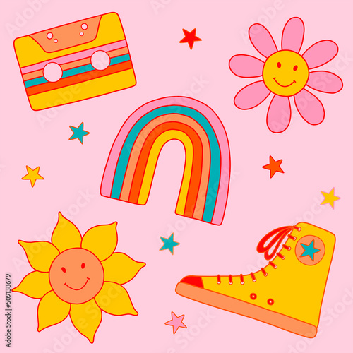 Vector set from 1970 vibe: сassette, rainbow, gumshoes, sunflower and daisy in bright colors.