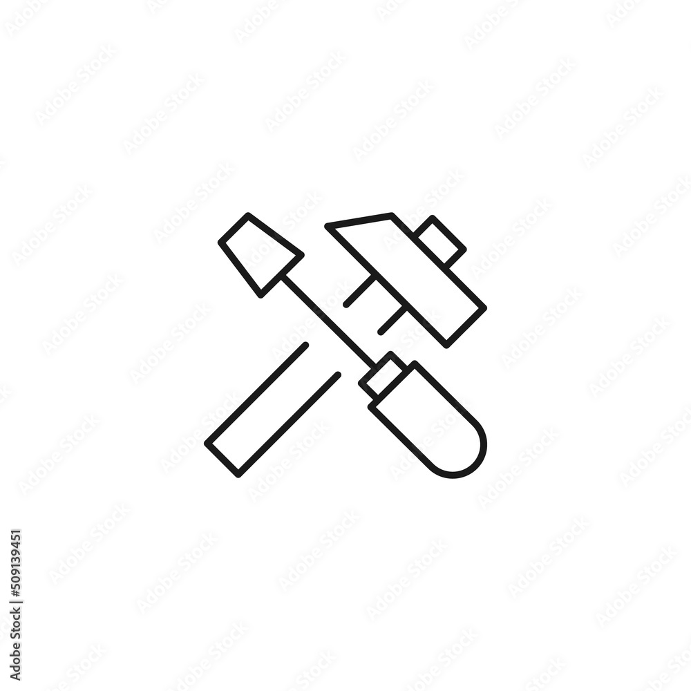 Building and renovation concept. Vector signs and editable stroke. Suitable for stores, shop, web sites, banners, books. Line icon of hammer and screwdriver Building and renovation concept. Vector signs and editable stroke. Suitable for stores, shop, web sites, banners, books. Line icon of hammer and screwdriver