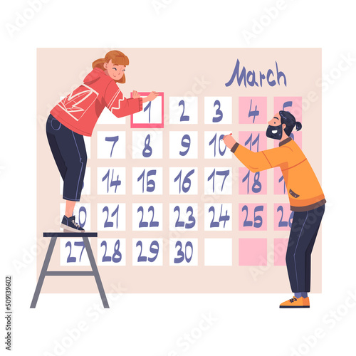 Man and Woman Character Planning Time and Event Marking Date on Huge Calendar and Managing Schedule Vector Illustration