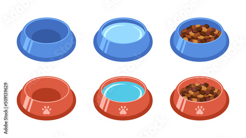 Bowl food and water for dog and cat pet in flat style, vector illustration. Animal bowl silhouette for print and design. Isolated color element on white background. Graphic icon, symbol food pet
