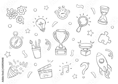 Quiz set in doodle style, vector illustration. Icon question symbol for print and design. Quiz and Exam concept, isolated element on a white background. Collection of sign for school and event