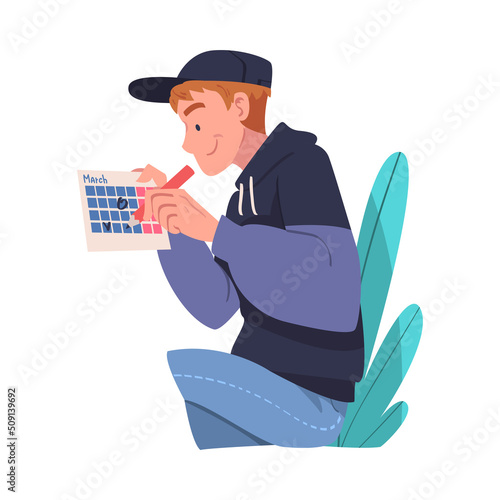 Man Character Planning Time and Event Marking Date on Calendar and Managing Schedule Vector Illustration