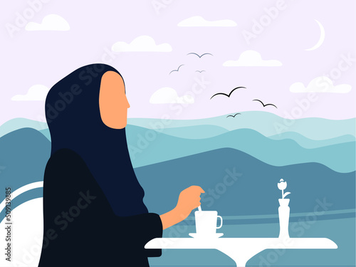 Muslim flat cartoon woman in hijab drinking coffee on the top of mountains view, Arabic young girl in fashion traditional dress abaya from UAE or Saudi Arabia posing, islamic model vector illustration