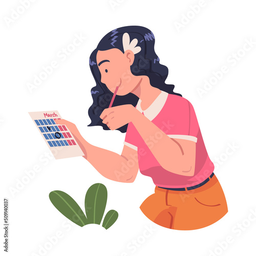 Woman Character Planning Time and Event Marking Date on Calendar and Managing Schedule Vector Illustration