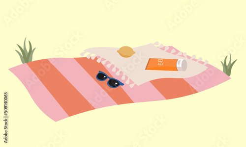 Summer sunscreen cream. Illustration of Sunblock product placed on a tropical beach with sand and towel.