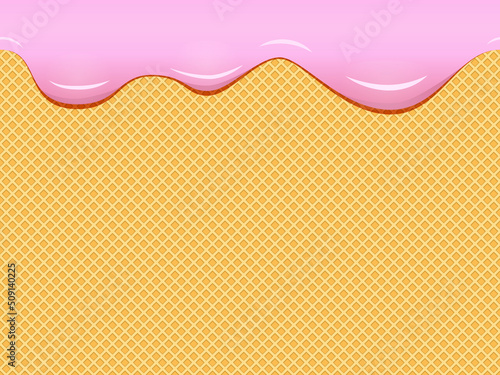 Melted ice cream drips down the waffle. Seamless repeating vector background - texture for design of sweets, confectionery advertisements, recipes. Thick pink cream slides over a yellow waffle pattern