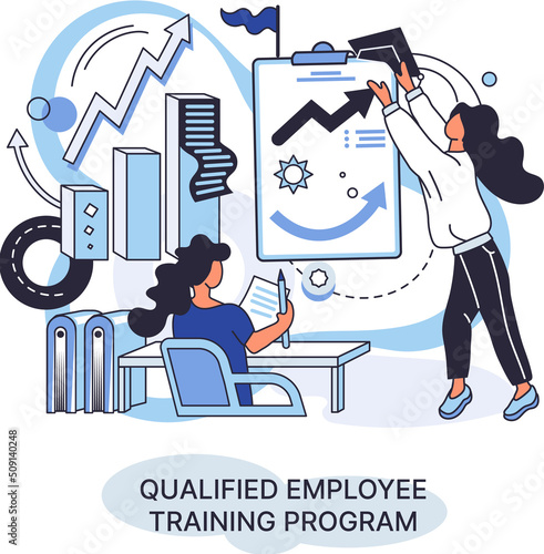 Qualified employee training program. Refresher course metaphor. Help in professional development. Learning for software development and growth. Agile project management team project life scrum meeting