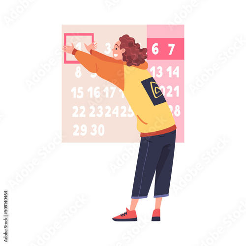 Woman Character Planning Time and Event Marking Date on Calendar and Managing Schedule Vector Illustration