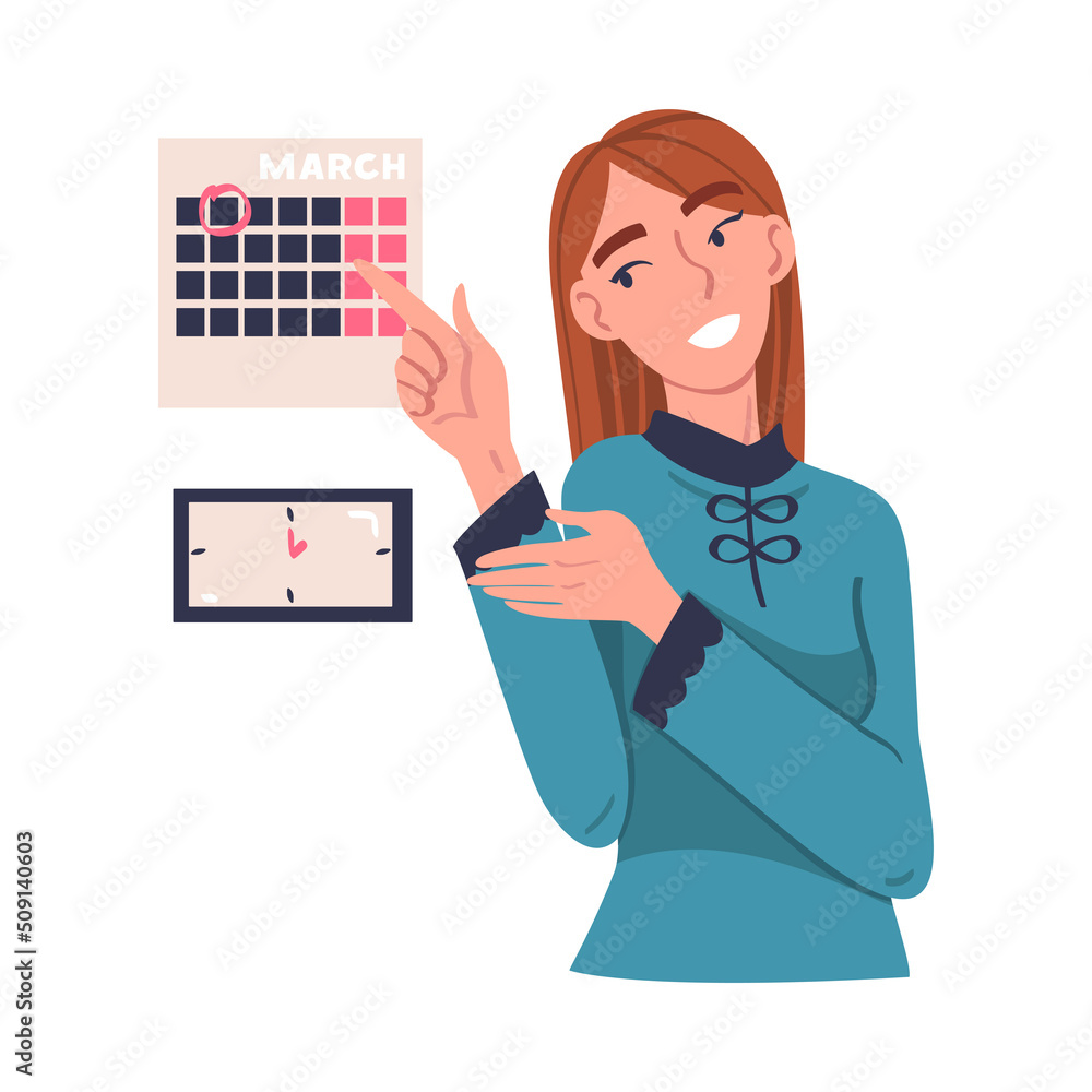 Woman Character with Marked Date on Calendar Planning Time and Managing Schedule Vector Illustration Woman Character with Marked Date on Calendar Planning Time and Managing Schedule Vector Illustration