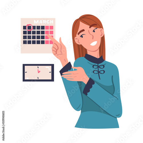 Woman Character with Marked Date on Calendar Planning Time and Managing Schedule Vector Illustration