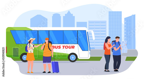 Travel people enjoying city bus tour talking looking paper map sightseeing location vector flat