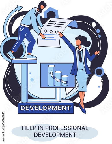 Help in professional development metaphor. Qualified employee training program. Refresher course. Human resource management organization. Business education workshop. School personality growth in team