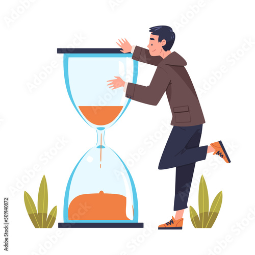 Man Character with Hourglass Planning Time and Managing Schedule Vector Illustration
